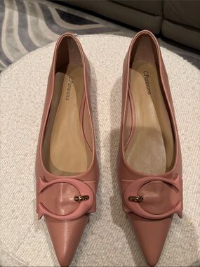 C. Paravano Pointed-Toe Dusty Rose Leather Ballet Flats with Decorative Bow